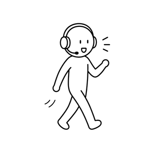 A person walking and speaking with earphones on